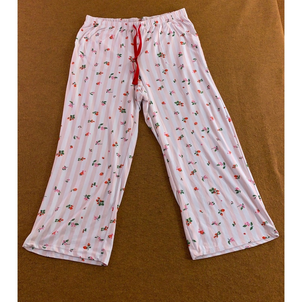 Sonoma Womens Large Pink Striped Strawberry Print Drawstring Pajama Pants  New
